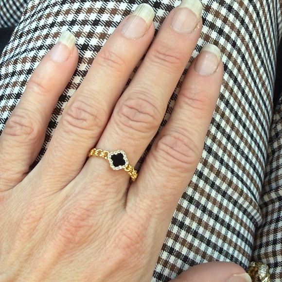 NWT Rachel Zoe 18k Gold Plated 925 Sterling Silver Black Onyx Clover Ring size 8 - Picture 4 of 8